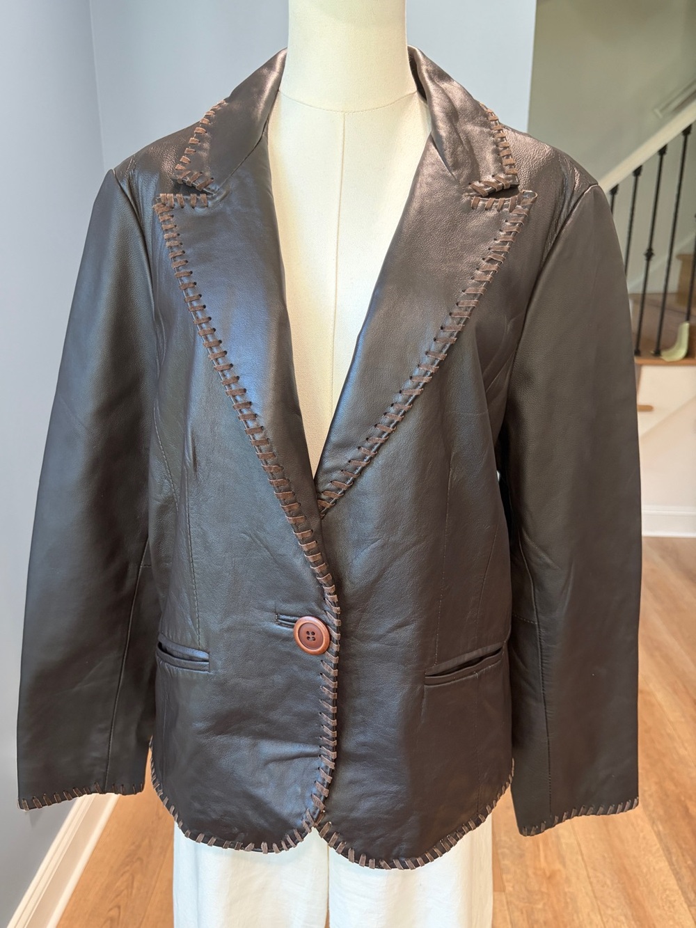Coldwater Creek Brown Genuine Leather Whipstitch Blazer Jacket Large